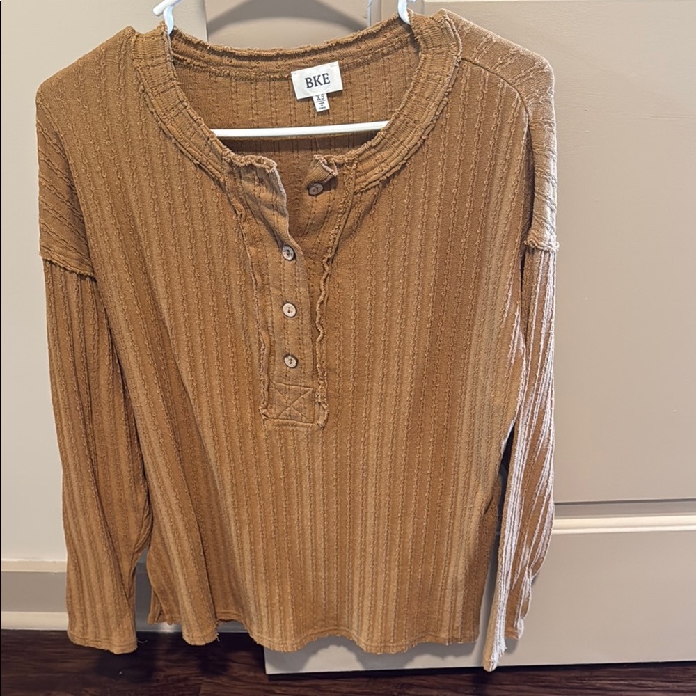 BKE Camel Ribbed Long Sleeve Henley
